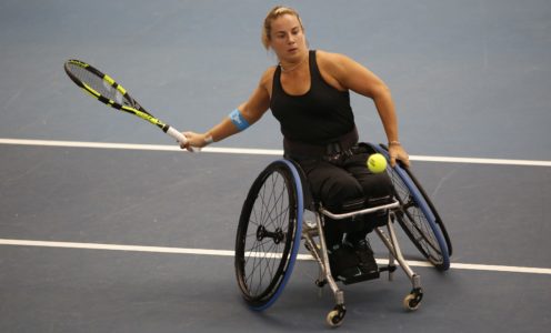 BATH, ENGLAND - NOVEMBER 15: Lucy Shuker of Great Britain in action during The Bath Indoor Wheelchair Tennis Tournament on November 15, 2017 in Bath, England. (Photo by Julian Herbert/Getty Images for Tennis Foundation)