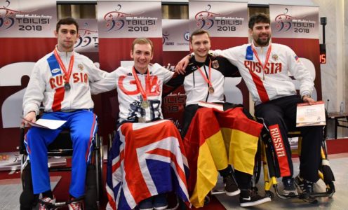 Piers Gilliver (second from left) won epee gold at the IWAS Wheelchair Fencing World Cup in Tbilisi, Georgia