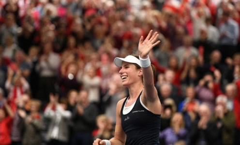 BATH, ENGLAND - FEBRUARY 07: Johanna Konta of Great Britain celebrates victory during Day Two of the Fed Cup Europe and Africa Zone One Group I at University of Bath on February 07, 2019 in Bath, England. (Photo by Harry Trump/Getty Images for LTA)