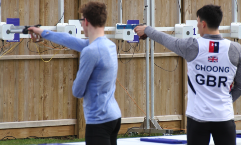 Myles Pillage and Joe Choong during the run-shoot at the second Pentathlon GB ranking competition of 2019 at the University of Bath Sports Training Village