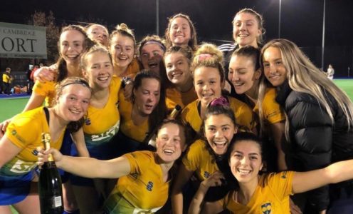 The University of Bath women's hockey 1st team celebrate after winning the BUCS Premier South A title in February 2019