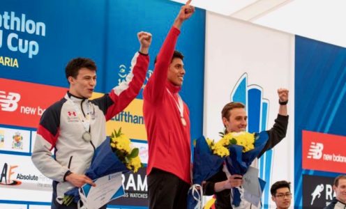 Joe Choong (left) won men's individual silver at the Sofia World Cup in April 2019. MUST CREDIT: UIPM