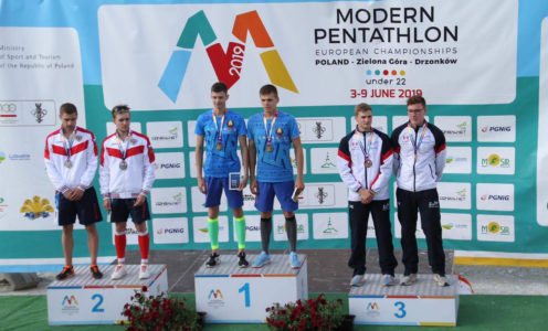 Bradley Sutton and Myles Pillage on the podium at the 2019 Junior European Modern Pentathlon Championships