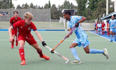 Tim Nurse in action for Great Britain Hockey U21s against India in June 2019