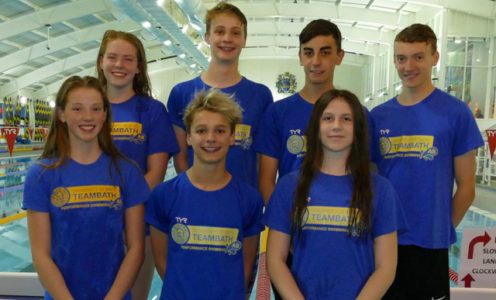 Team Bath AS swimmers (back, from left) Lydia Crawford, Finlay Saunders, Max Adams, Olly Watts; (front) Niamh Ward, Oliver Saunders and Katie Butcher, July 2019