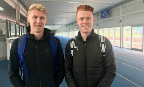 Cameron Chalmers and Alastair Chalmers on the indoor athletics track at the University of Bath, July 2019