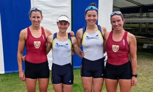 Crew Bath's Laura Macro and Zara Mulholland with New Zealand's Brooke Donoghue and Olivia Loe at the 2019 Henley Royal Regatta