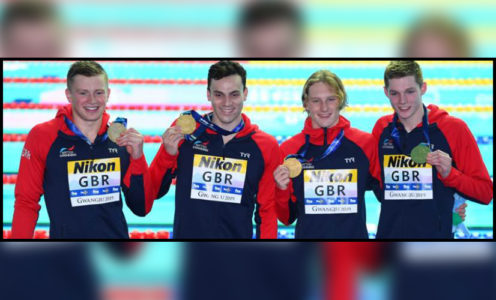 James Guy (second from left) helped GB win men's 4x100m medley relay gold at the 2019 World Swimming Championships