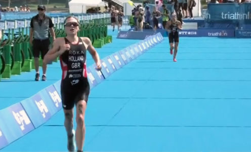 Vicky Holland crosses the line in the Tokyo 2020 Olympic Test Event