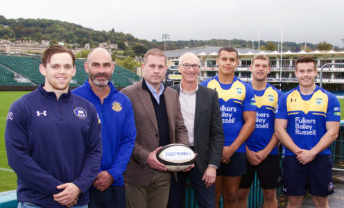 (From left) Matt Bendin, Aaron James, Iestyn Lewis of Rengen, Stephen Baddeley, Jordan Martin, Ed RImmer and Chris Barry at The Rec ahead of the 2019 Anniversary Game