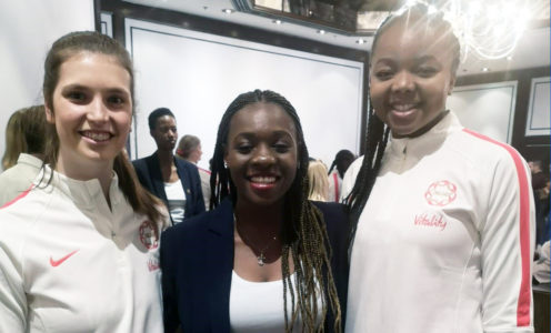 Sophie Drakeford-Lewis, Khanyisa Chawane and Summer Artman ahead of England's netball series in South Africa, November 2019