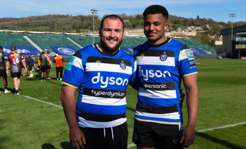 Zak Giannini and Max Ojomoh of Bath United pose for a photo after the match. Mid-season friendly, between Bath United and Harlequins A on April 23, 2021 at the Recreation Ground in Bath, England. Photo by: Patrick Khachfe / Onside Images