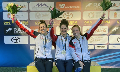 Jo Muir, Kate French and Francesca Summers at the World Cup in Budapest, Hungary in March 2021