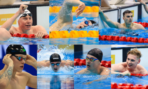 Tom Dean, Freya Anderson, James Guy, Kieran Bird, Brodie Williams, Jacob Peters and Matt Richards at the 2021 British Swimming Olympic Trials