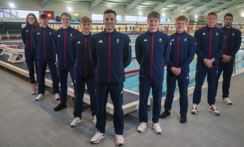 Picture of University of Bath-based swimmers (from left) Freya Anderson, Jacob Peters, Ben Proud, Kieran Bird, James Guy, Brodie Williams, Matt Richards, Tom Dean and Calum Jarvis in their Team GB kit at the London 2012 Legacy Pool. CREDIT: Clare Green/Matchtight.