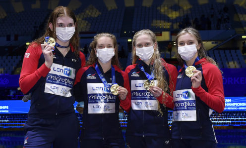 GREAT BRITAIN GBR HOPE Lucy - HOPKIN Anna - WOOD Abbie - ANDERSON Freya Gold Medal 4x100 Freestyle Women Relay Swimming Budapest - Hungary 17/5/2021 Duna Arena XXXV LEN European Aquatic Championships Photo Andrea Staccioli / Deepbluemedia / Insidefoto