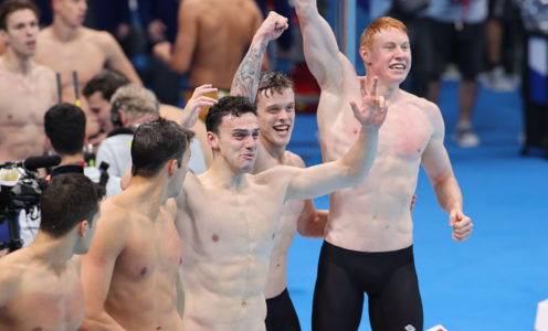 2G9X4W1 Tokyo, Japan. 28th July, 2021. DEAN Tom, GUY James, RICHARDS Matthew (GBR), win final representing Great Britain Swimming : Men's 4 x 200m Freestyle Relay Final during the Tokyo 2020 Olympic Games at the Tokyo Aquatics Centre in Tokyo, Japan . Credit: Akihiro Sugimoto/AFLO SPORT/Alamy Live News