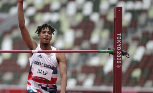 2GAB3B1 Tokyo, Japan. 30th July, 2021. Great Britain's Tom Gale celebrates after qualifying in the Men's High Jump at the Athletics competition during the Tokyo Summer Olympics in Tokyo, Japan, on Friday, July 29, 2021. Photo by Bob Strong/UPI. Credit: UPI/Alamy Live News