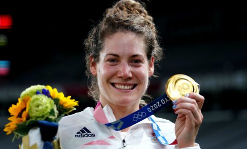 2GC1WB3 Great Britain's Kate French after winning a gold medal in the Modern Pentathlon, Women's Individual - Laser Run at Tokyo Stadium on the fourteenth day of the Tokyo 2020 Olympic Games in Japan. Picture date: Friday August 6, 2021.