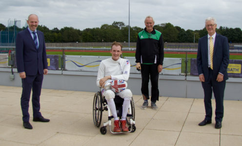 Justin Tomlinson MP with Piers Gilliver, Rob Bruniges of Bath Sword Club and Professor Ian White