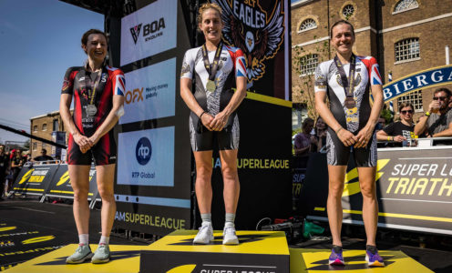 Vicky Holland (right) on the podium in the opening round of the 2021 Super League Triathlon Championships in London, September 2021