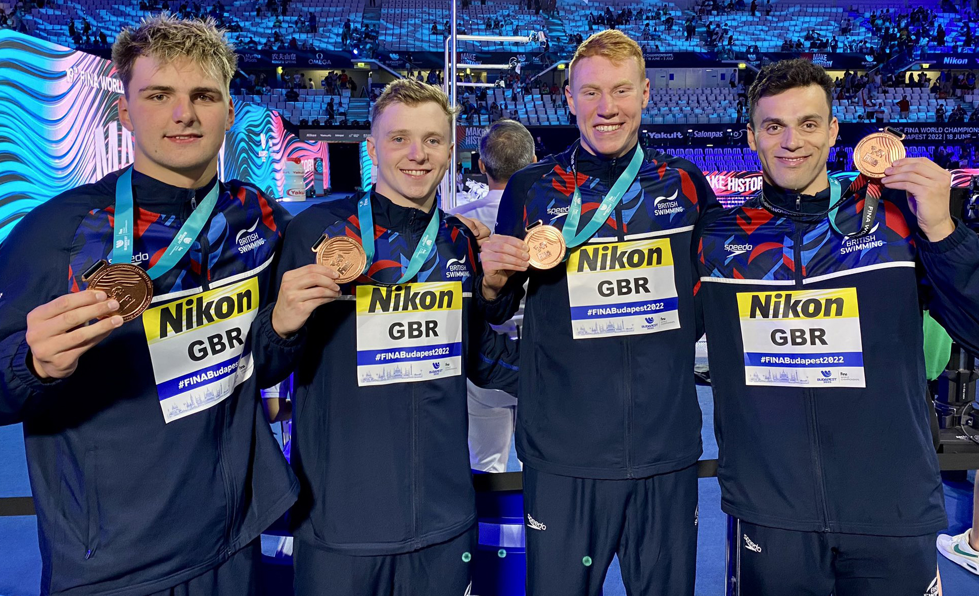 A picture of British Swimming's Jacob Whittle, Joe Litchfield, Tom Dean and James Guy with their 4x200m freestyle bronze medals at the 2022 World Aquatics Championships