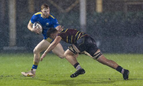 Austin Emens playing for the University of Bath men's 1st in the BUCS Super Rugby 2023 Anniversary Game against Cardiff Met at The Rec.