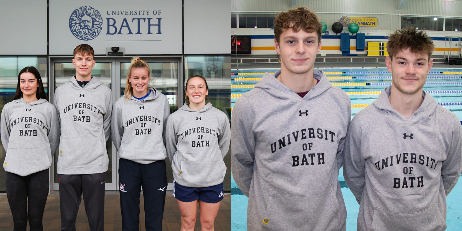 A picture of the 2023-24 University of Bath sporting scholars - (from left) Alanna Pullen, Luke Ball, Ella Fullman, Jenny Hesketh, (inset) Jack Skerry and Robbie Hemmings