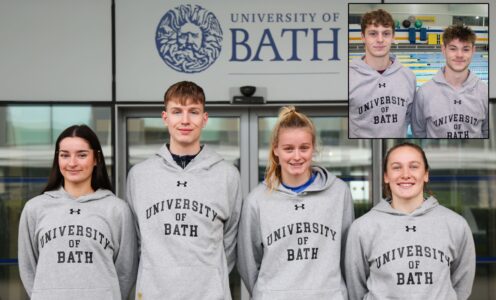 A picture of the 2023-24 University of Bath sporting scholars - (from left) Alanna Pullen, Luke Ball, Ella Fullman, Jenny Hesketh, (inset) Jack Skerry and Robbie Hemmings