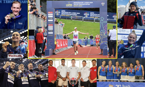 A composite graphic featuring University of Bath-based athletes (clockwise from top left) Piers Gilliver, Joe Choong, Matt Weston, Suzanna Hext, the Bath women's 1sts tennis team, four-man bobsleigh, James Guy and Tom Dean, and Suzanna Hext who have all enjoyed success during 2023