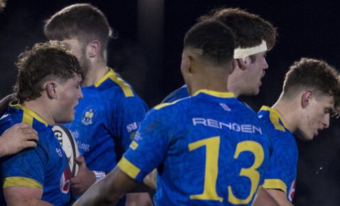 Jasper Spandler, Ludo Kolade and Ted Johnson of the University of Bath men's 1st XV in BUCS Super Rugby action during the 2023-24 season. PICTURE CREDIT: Bob Bradford.