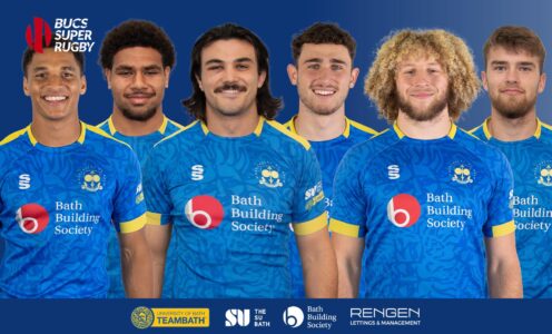 A graphic featuring pictures of Ludo Kolade, Billy Sela, Tom Cowan, Oli Sedgwick, Mackenzie Graham and Raff Weston who scored the points for the University of Bath men's 1st XV in their BUCS Super Rugby victory over Loughborough in December 2023