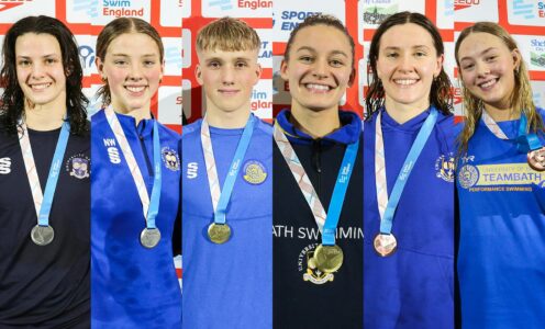 The University of Bath-based swimmers who won medals at the 2023 Swim England National Winter Short Course Championships in Sheffield. (From left) Jana Spinner, Niamh Ward, Joshua Gammon, Jemima Hall, Ekaterina Price and Rue Fowler. MUST CREDIT: Swim England/Will Johnston Photography