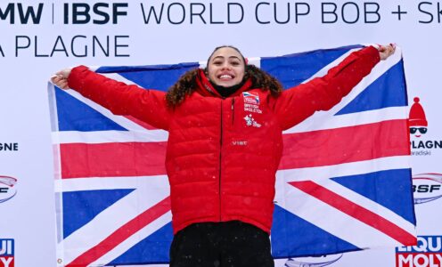 British Skeleton's Tabby Stoecker celebrates after winning gold in the ISBF World Cup women's race at La Plagne, France on 8th December 2023. CREDIT: IBSF / Viesturs Lacis Rekords