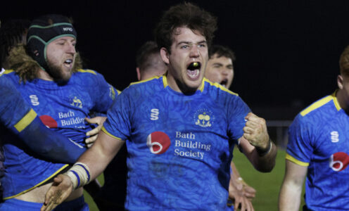 Ted Johnson leads the celebrations as the University of Bath men's 1st XV beat Leeds Beckett 24-12 in BUCS Super Rugby, January 2024. PICTURE: Bob Bradford.