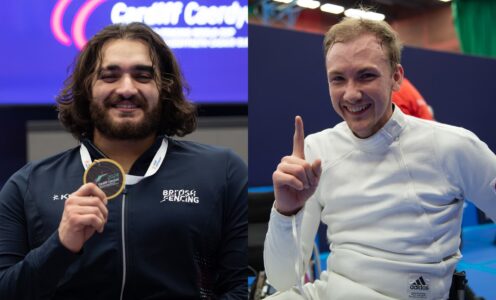 Dimitri Coutya and Piers Gilliver won three gold medals between them at the Cardiff 2024 Wheelchair Fencing World Cup. PICTURE CREDIT: British Fencing