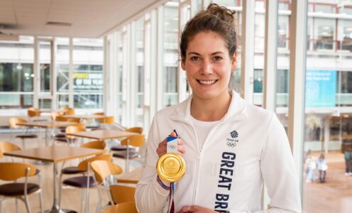 A picture of Kate French with her Tokyo 2020 Olympic Games modern pentathlon gold medal at the University of Bath, where she trains and studied. PICTURE: Nic Delves-Broughton.