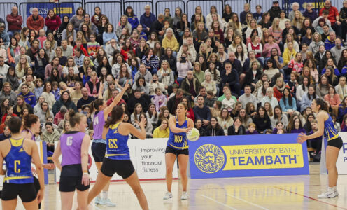 Kirsty Harris in front of a capacity crowd at the Team Bath Netball Tri-Tournament in January 2024