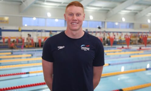 Double Olympic champion Tom Dean pictured by the London 2012 Legacy Swimming Pool at his University of Bath training base