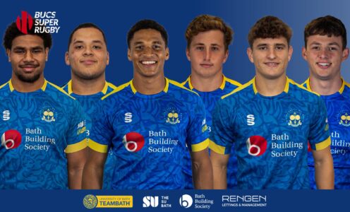 (From left) University of Bath students Billy Sela, Scott Kirk, Ludo Kolade, Murdoch Lock (both Scotland), Ieuan Davies and Louis Hennessey (both Wales) have been selected for the 2024 U20 Six Nations tournament.