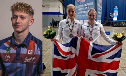 (From left) Pentathlon GB's Charlie Brown, Emma Whitaker and Kerenza Bryson won gold, silver and bronze respectively at the 2024 Hungarian Indoor Open in Budapest.