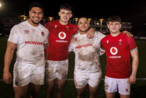 University of Bath students (from left) Billy Sela, Louie Hennessey, Scott Kirk and Ieuan Davies were on opposing sides when England played Wales in the U20 Six Nations Rugby at The Rec in February 2024. PICTURE CREDIT: Bob Bradford.