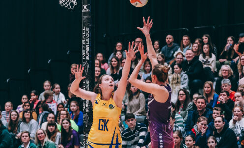 Lisa Putt of Team Bath Netball attempts to close down a Loughborough Lightning attack during their Netball Super League match in February 2024.