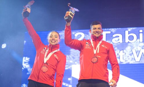 A picture of British Skeleton's Tabby Stoecker and Matt Weston celebrating their Team silver medal at the 2024 IBSF World Championships