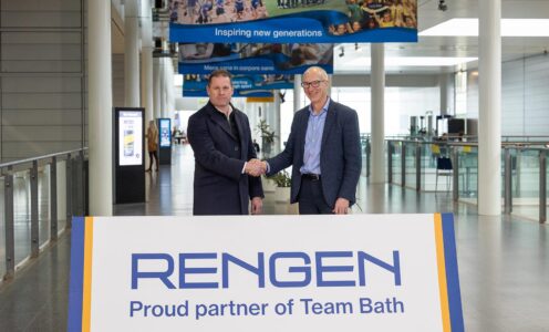 A picture of Rengen CEO Iestyn Lewis shaking hands with University of Bath DIrector of Sport Stephen Baddeley following a sponsorship renewal in March 2024