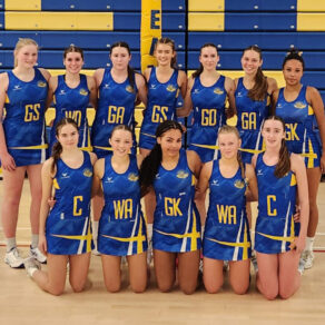 The Team Bath Netball U17 squad pictured after their 2024 NPL season-opener victory over Severn Stars