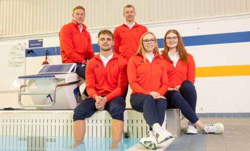 (From left) Tom Dean, Jacob Whittle, Kieran Bird, Leah Crisp and Freya Anderson, who all train at the University of Bath, have been selected to represent Team GB at the Paris 2024 Olympic Games. They are pictured at their Team Bath Sports Training Village training base.