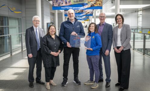 The University of Bath was officially presented with UK Sport Elite Training Centre-accredited status during a ceremony at the Team Bath Sports Training Village on 12th April 2024. (From left) Professor Ian White (University of Bath Vice-Chancellor), Sally Munday (UK Sport Chief Executive), Duncan Rolley (UK Sport Elite Training Centre Advisor), Sophie Hamer (Head of Sport Operations), Stephen Baddeley (University of Bath Director of Sport) and Cassie Wilson (University of Bath Pro-Vice-Chancellor). CREDIT: Nic Delves-Broughton