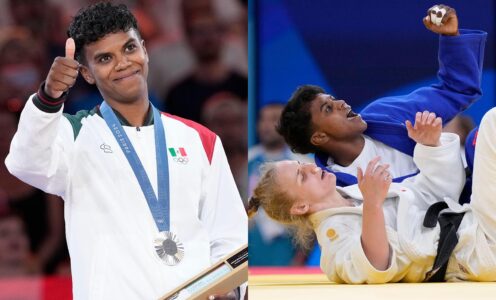 2XN0R70 Silver medalist Mexico's Prisca Awiti Alcaraz pose on the podium of the judo women's -63kg event in team judo competition at Champ-de-Mars Arena during the 2024 Summer Olympics, Tuesday, July 30, 2024, in Paris, France. (AP Photo/Eugene Hoshiko)