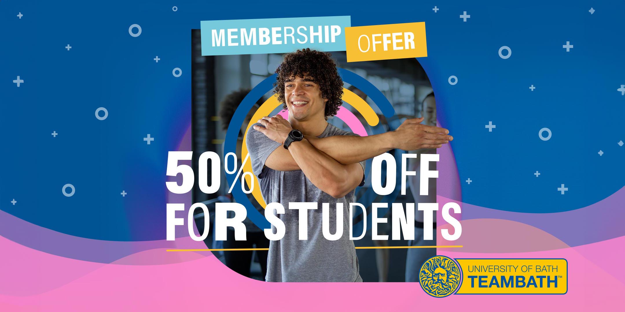 A graphic promoting student gym membership offers at the University of Bath for the 2024-25 academic year.